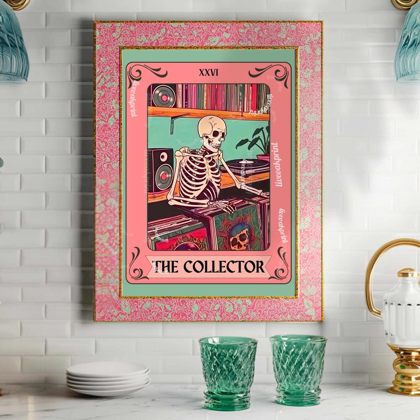 The Collector Tarot Print – Skeleton Record Collector Wall Art, Vinyl Tarot Card Decor Vinyl Wall Print Music Nook Decor Boho Wall Art