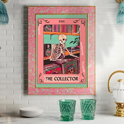 The Collector Tarot Print – Skeleton Record Collector Wall Art, Vinyl Tarot Card Decor Vinyl Wall Print Music Nook Decor Boho Wall Art