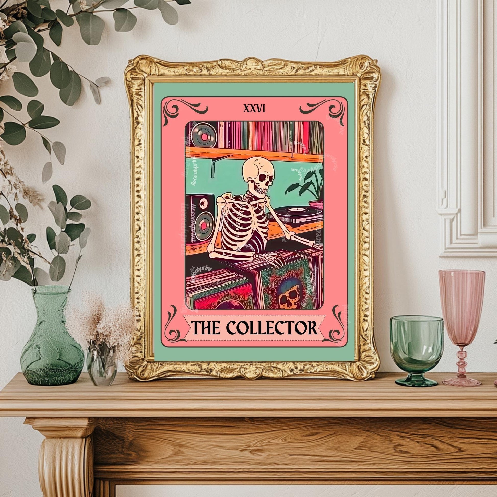 The Collector Tarot Print – Skeleton Record Collector Wall Art, Vinyl Tarot Card Decor Vinyl Wall Print Music Nook Decor Boho Wall Art