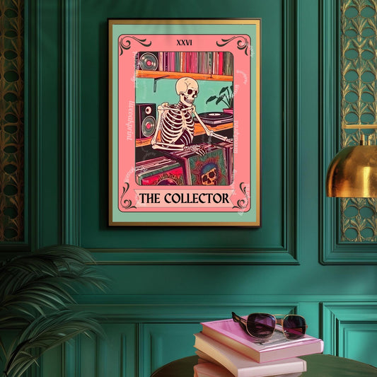 The Collector Tarot Print – Skeleton Record Collector Wall Art, Vinyl Tarot Card Decor Vinyl Wall Print Music Nook Decor Boho Wall Art