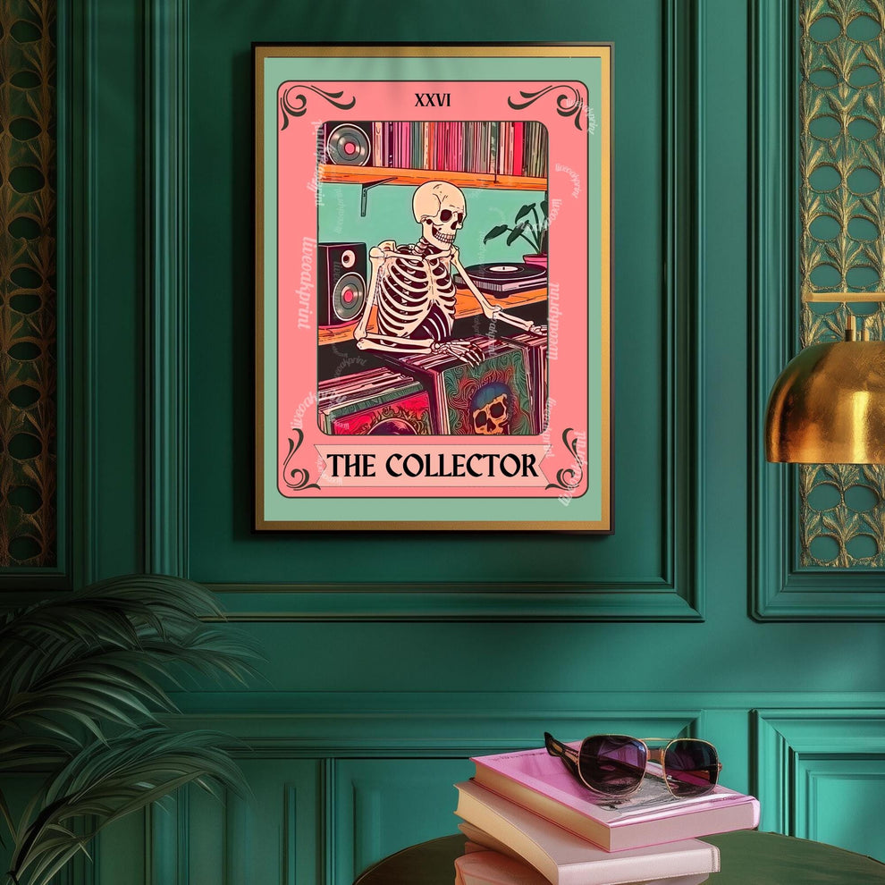 The Collector Tarot Print – Skeleton Record Collector Wall Art, Vinyl Tarot Card Decor Vinyl Wall Print Music Nook Decor Boho Wall Art