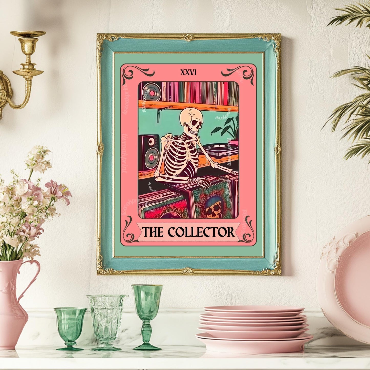 The Collector Tarot Print – Skeleton Record Collector Wall Art, Vinyl Tarot Card Decor Vinyl Wall Print Music Nook Decor Boho Wall Art