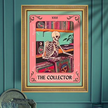 The Collector Tarot Print – Skeleton Record Collector Wall Art, Vinyl Tarot Card Decor Vinyl Wall Print Music Nook Decor Boho Wall Art