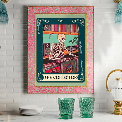 The Collector Tarot Print (Teal Addition)– Skeleton Record Collector Wall Art, Vinyl Tarot Card Decor Vinyl Wall Print Music Nook Decor