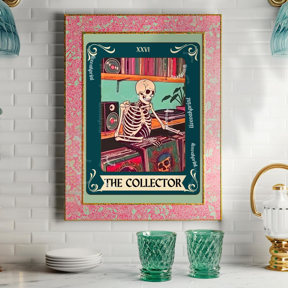 The Collector Tarot Print (Teal Addition)– Skeleton Record Collector Wall Art, Vinyl Tarot Card Decor Vinyl Wall Print Music Nook Decor