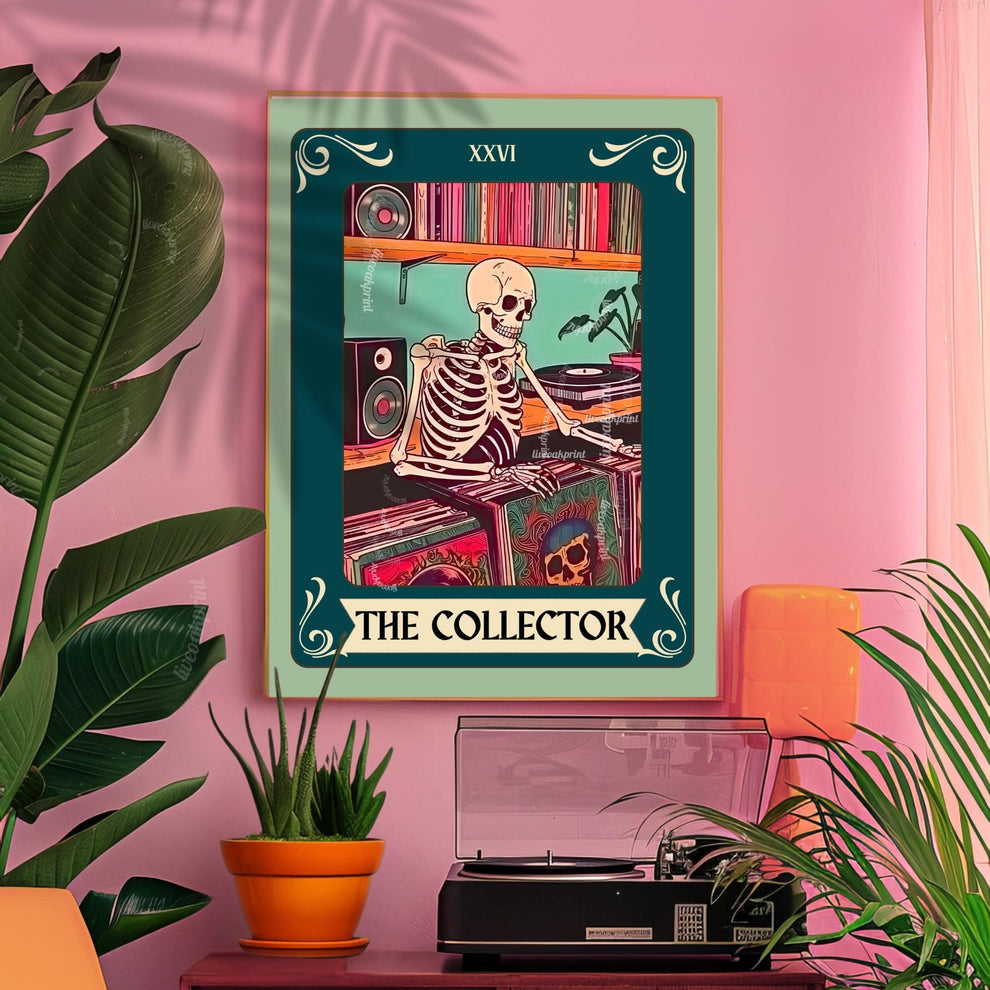 The Collector Tarot Print (Teal Addition)– Skeleton Record Collector Wall Art, Vinyl Tarot Card Decor Vinyl Wall Print Music Nook Decor