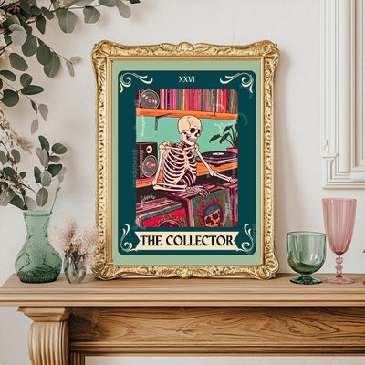 The Collector Tarot Print (Teal Addition)– Skeleton Record Collector Wall Art, Vinyl Tarot Card Decor Vinyl Wall Print Music Nook Decor