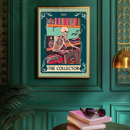 The Collector Tarot Print (Teal Addition)– Skeleton Record Collector Wall Art, Vinyl Tarot Card Decor Vinyl Wall Print Music Nook Decor