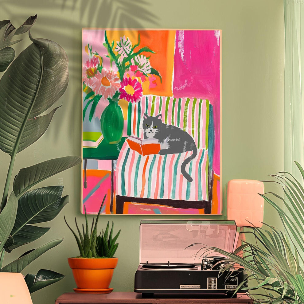 Gray and White Cat Reading Print – Bookish Wall Art – Cozy Reading Nook Decor – Gray Cat Art Gift for Book Lovers Dopamine Decor