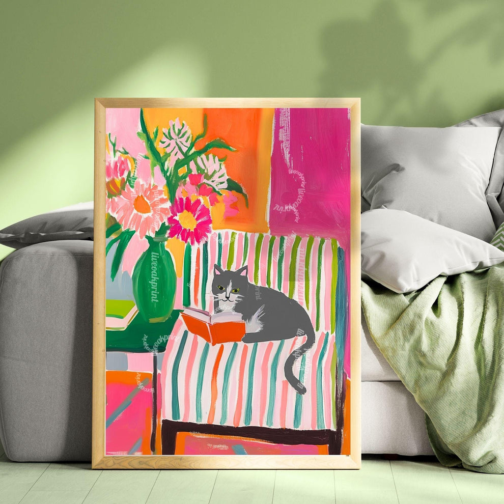 Gray and White Cat Reading Print – Bookish Wall Art – Cozy Reading Nook Decor – Gray Cat Art Gift for Book Lovers Dopamine Decor