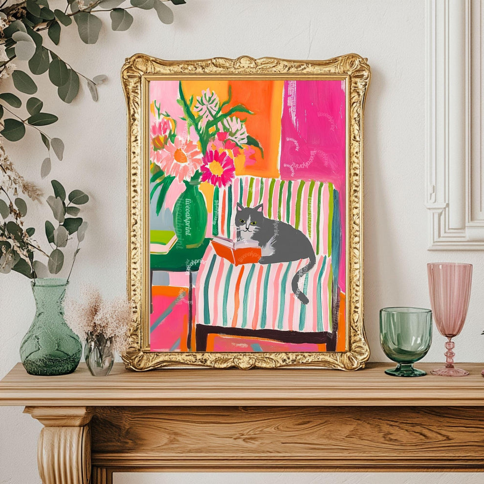 Gray and White Cat Reading Print – Bookish Wall Art – Cozy Reading Nook Decor – Gray Cat Art Gift for Book Lovers Dopamine Decor