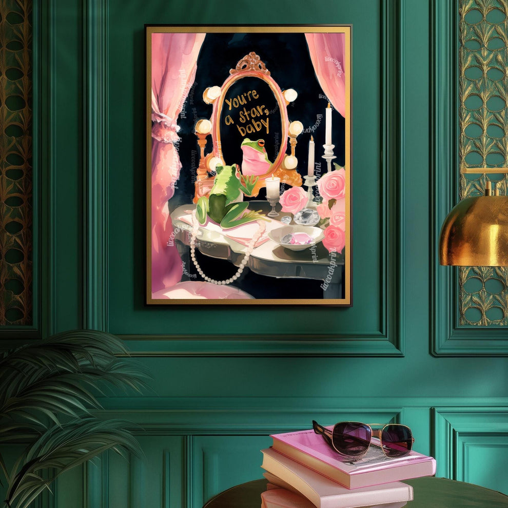 You’re a Star, Baby – Inspirational Quote Wall Art Frog Art Print Pink and Green Wall Art Frog Bathroom Wall Decor Coquette Bedroom Art