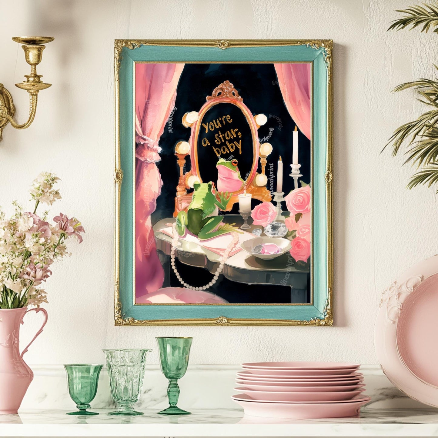 You’re a Star, Baby – Inspirational Quote Wall Art Frog Art Print Pink and Green Wall Art Frog Bathroom Wall Decor Coquette Bedroom Art