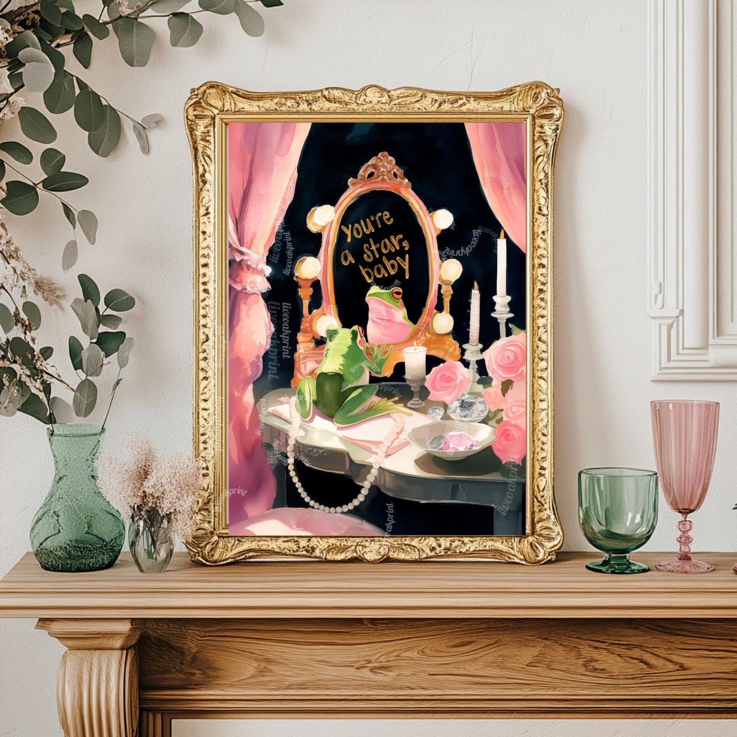 You’re a Star, Baby – Inspirational Quote Wall Art Frog Art Print Pink and Green Wall Art Frog Bathroom Wall Decor Coquette Bedroom Art