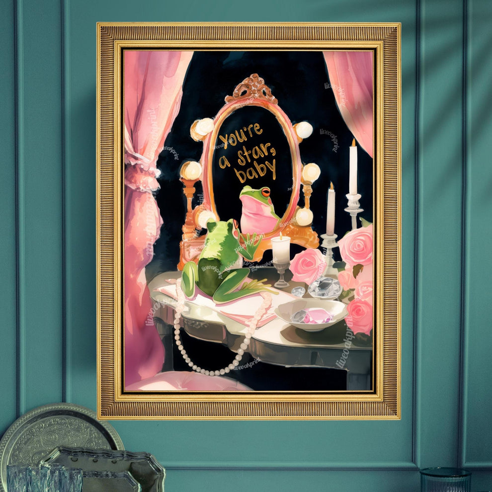 You’re a Star, Baby – Inspirational Quote Wall Art Frog Art Print Pink and Green Wall Art Frog Bathroom Wall Decor Coquette Bedroom Art
