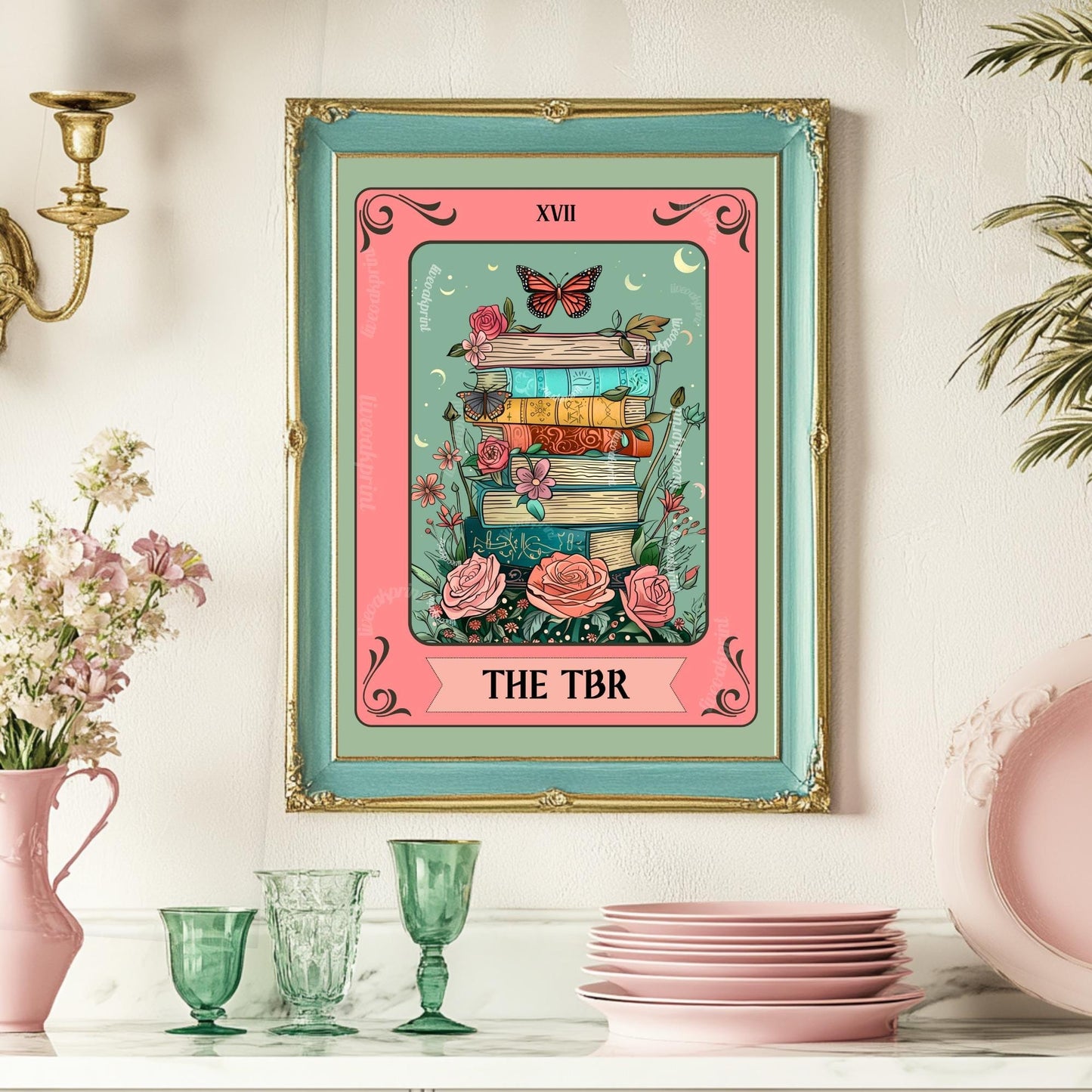 TBR Book Stack Art Print – Bookish Wall Art Pink and Teal Reading Decor Cozy Reading Nook Poster Gift for Readers Booktok Aesthetic