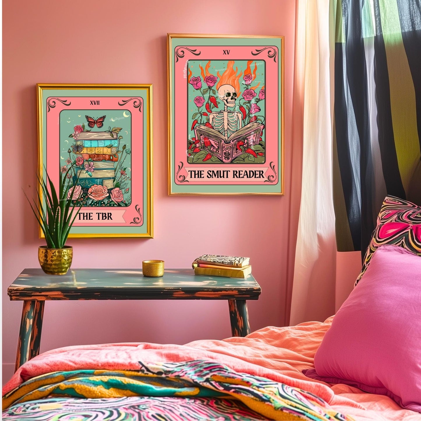 TBR Book Stack Art Print – Bookish Wall Art Pink and Teal Reading Decor Cozy Reading Nook Poster Gift for Readers Booktok Aesthetic