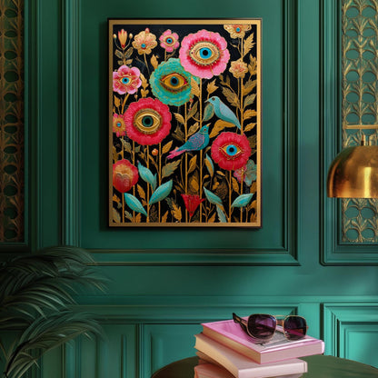 Surreal Flower Eye and Birds Art Print– Gold Botanical Wall Art with Birds, Mystical Garden Decor, Trippy Boho Print for Living Room Bedroom