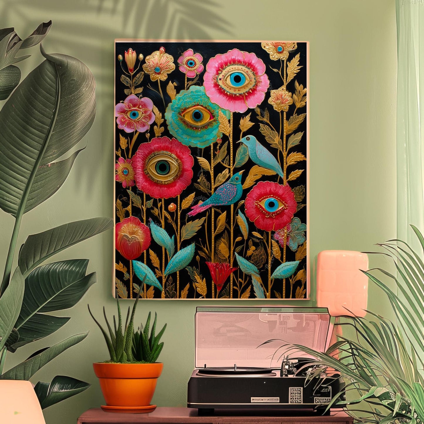 Surreal Flower Eye and Birds Art Print– Gold Botanical Wall Art with Birds, Mystical Garden Decor, Trippy Boho Print for Living Room Bedroom