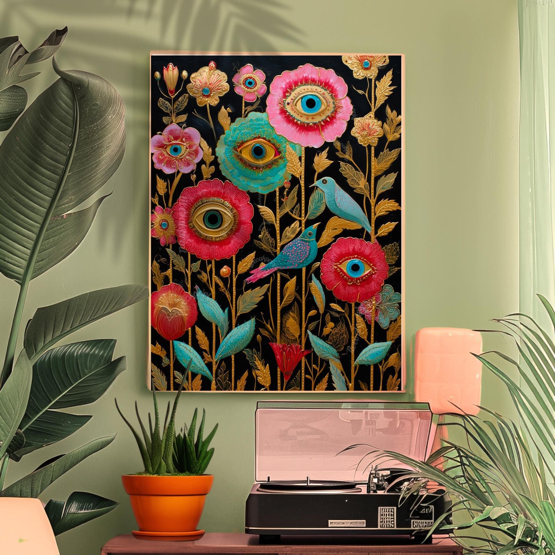 Surreal Flower Eye and Birds Art Print– Gold Botanical Wall Art with Birds, Mystical Garden Decor, Trippy Boho Print for Living Room Bedroom
