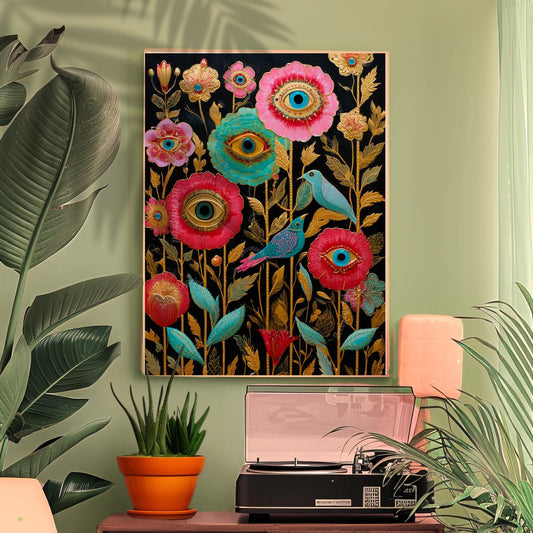 Surreal Flower Eye and Birds Art Print– Gold Botanical Wall Art with Birds, Mystical Garden Decor, Trippy Boho Print for Living Room Bedroom