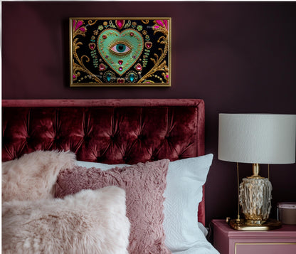 Horizontal Eye Heart Wall Art – Turquoise Surreal Wall Decor Jeweled Wall Art Surrealist Chic Home Decor Dark Coquette Wall Art Psychedelic