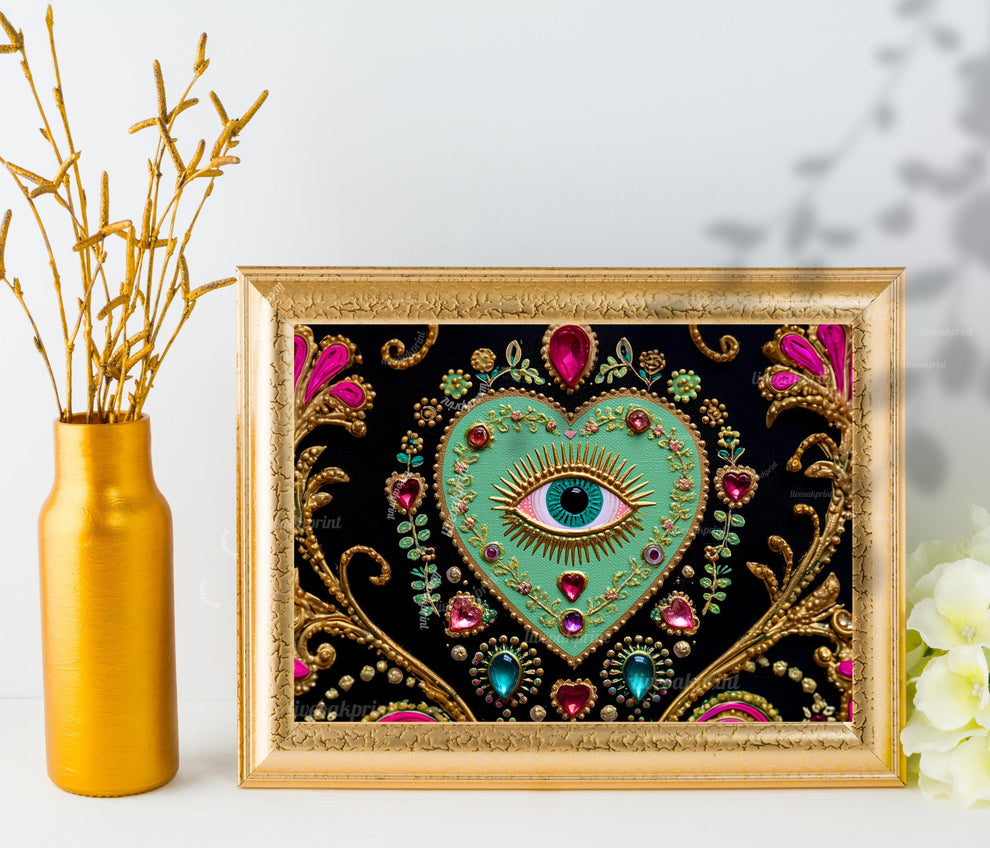 Horizontal Eye Heart Wall Art – Turquoise Surreal Wall Decor Jeweled Wall Art Surrealist Chic Home Decor Dark Coquette Wall Art Psychedelic