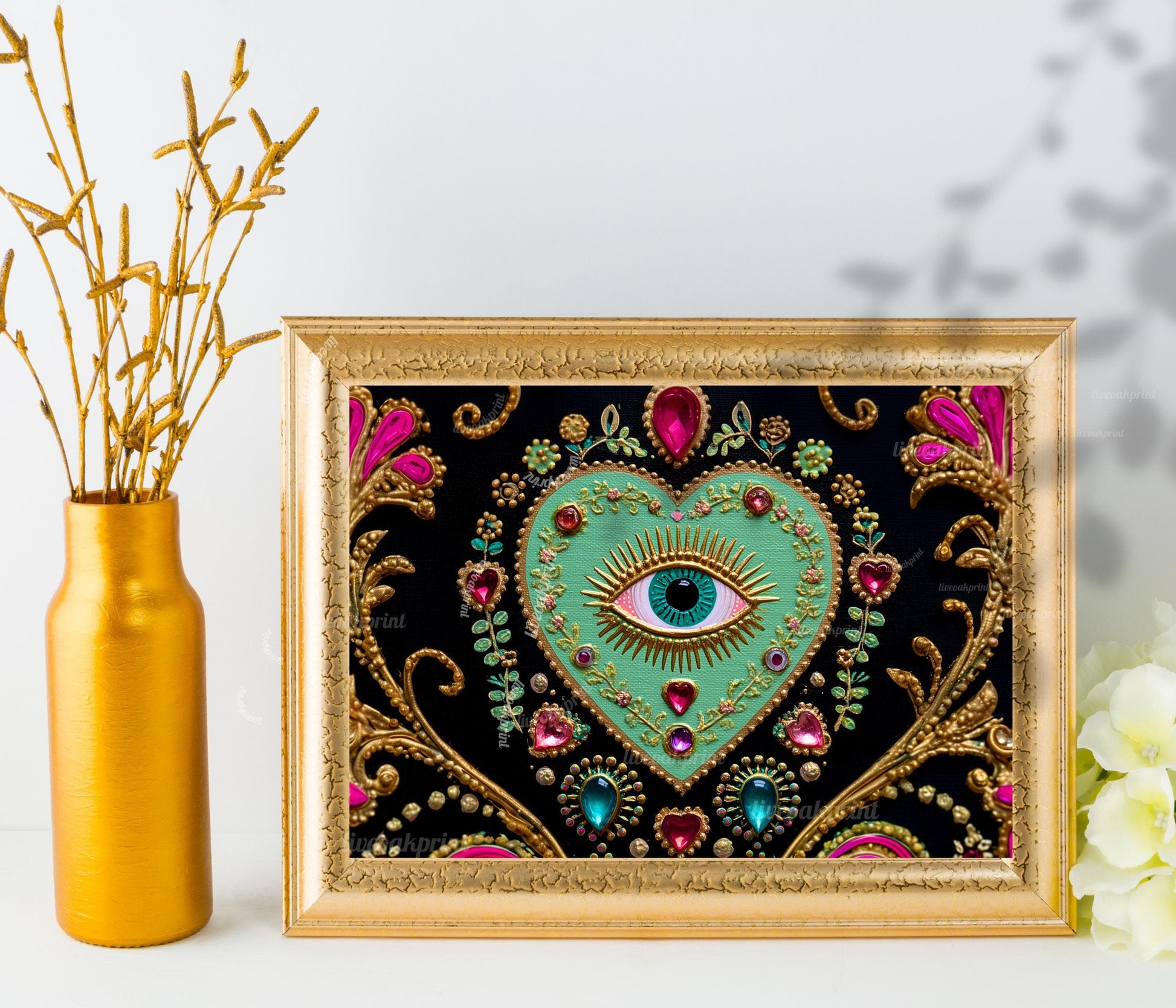 Horizontal Eye Heart Wall Art – Turquoise Surreal Wall Decor Jeweled Wall Art Surrealist Chic Home Decor Dark Coquette Wall Art Psychedelic