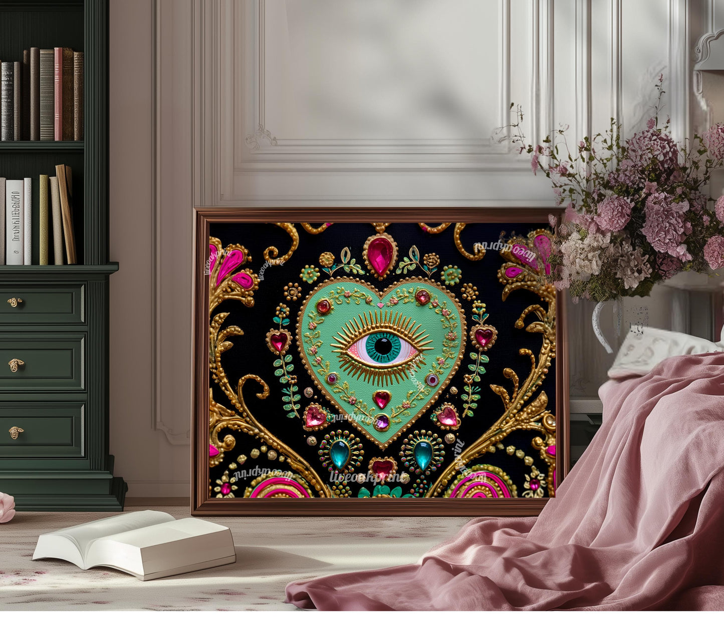 Horizontal Eye Heart Wall Art – Turquoise Surreal Wall Decor Jeweled Wall Art Surrealist Chic Home Decor Dark Coquette Wall Art Psychedelic