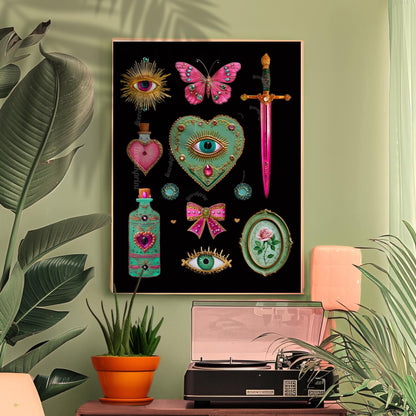 Surreal Pink and Green Wall Art – Jeweled Collage Print with Eyes, Heart, Sword, and Rose – Maximalist Coquette Decor Trippy Eclectic Art