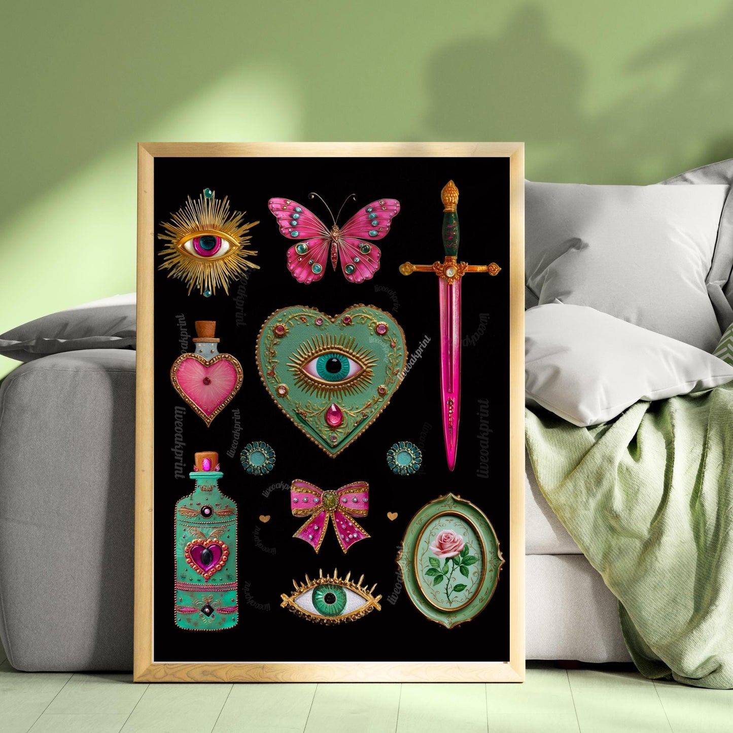 Surreal Pink and Green Wall Art – Jeweled Collage Print with Eyes, Heart, Sword, and Rose – Maximalist Coquette Decor Trippy Eclectic Art