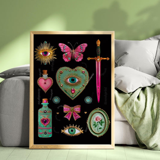 Surreal Pink and Green Wall Art – Jeweled Collage Print with Eyes, Heart, Sword, and Rose – Maximalist Coquette Decor Trippy Eclectic Art