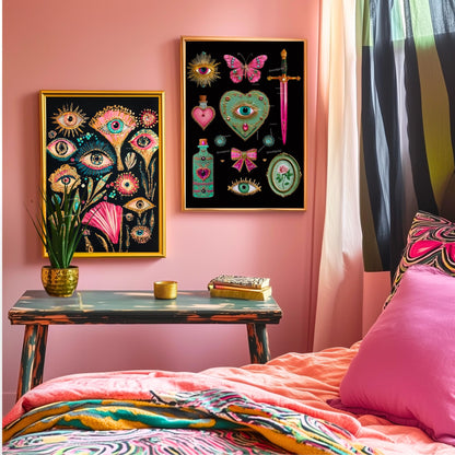 Surreal Pink and Green Wall Art – Jeweled Collage Print with Eyes, Heart, Sword, and Rose – Maximalist Coquette Decor Trippy Eclectic Art