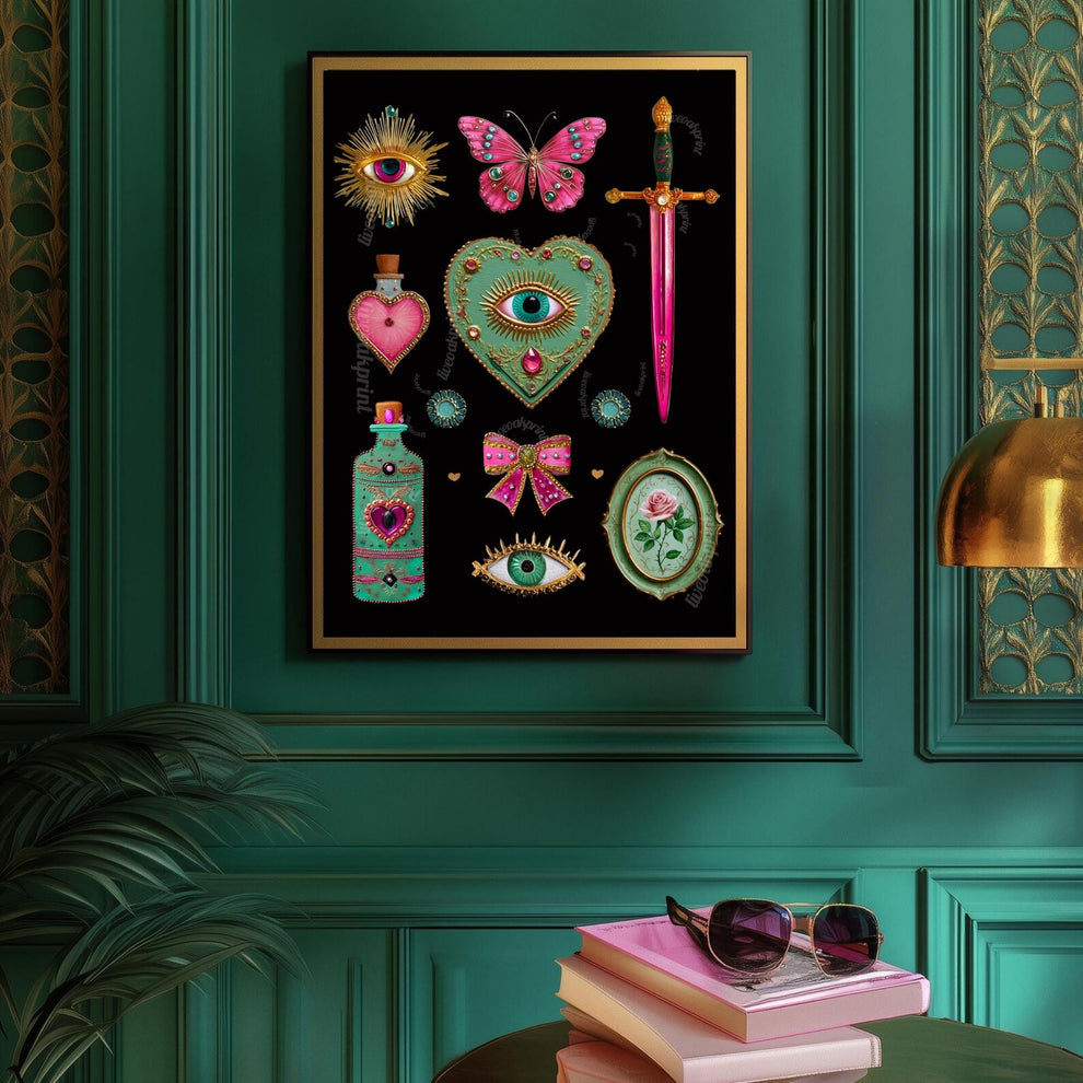 Surreal Pink and Green Wall Art – Jeweled Collage Print with Eyes, Heart, Sword, and Rose – Maximalist Coquette Decor Trippy Eclectic Art