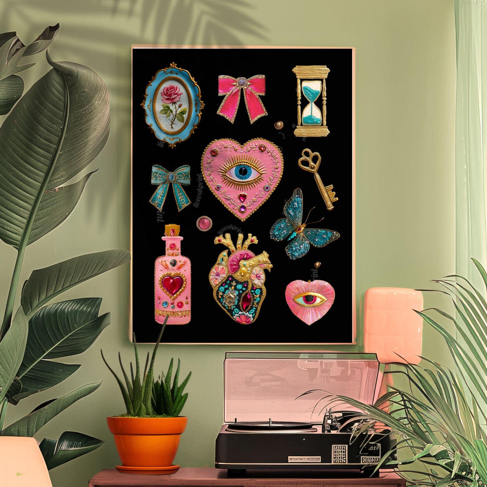 Surreal Pink and Blue Wall Art – Jeweled Collage Print with Eyes, Heart, Sword, and Rose – Maximalist Coquette Decor Trippy Eclectic Art