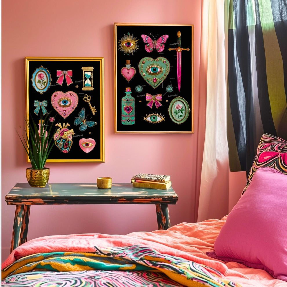 Surreal Pink and Blue Wall Art – Jeweled Collage Print with Eyes, Heart, Sword, and Rose – Maximalist Coquette Decor Trippy Eclectic Art