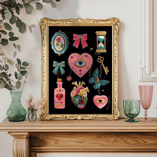 Surreal Pink and Blue Wall Art – Jeweled Collage Print with Eyes, Heart, Sword, and Rose – Maximalist Coquette Decor Trippy Eclectic Art