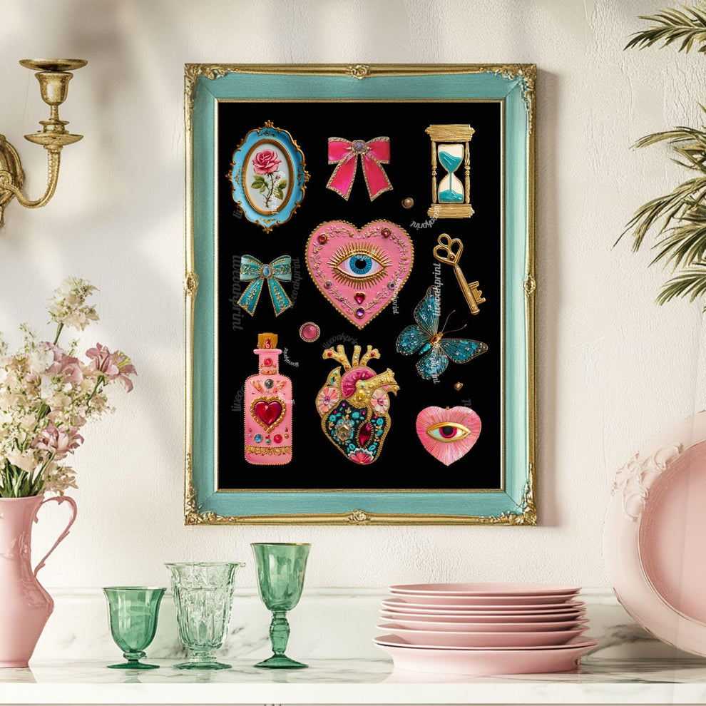 Surreal Pink and Blue Wall Art – Jeweled Collage Print with Eyes, Heart, Sword, and Rose – Maximalist Coquette Decor Trippy Eclectic Art