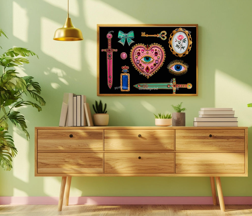 Horizontal Surrealist Art Print – Pink and Green Eye Heart Wall Art Jeweled Collage Decor Maximalist Coquette Print Retro Chic Artwork