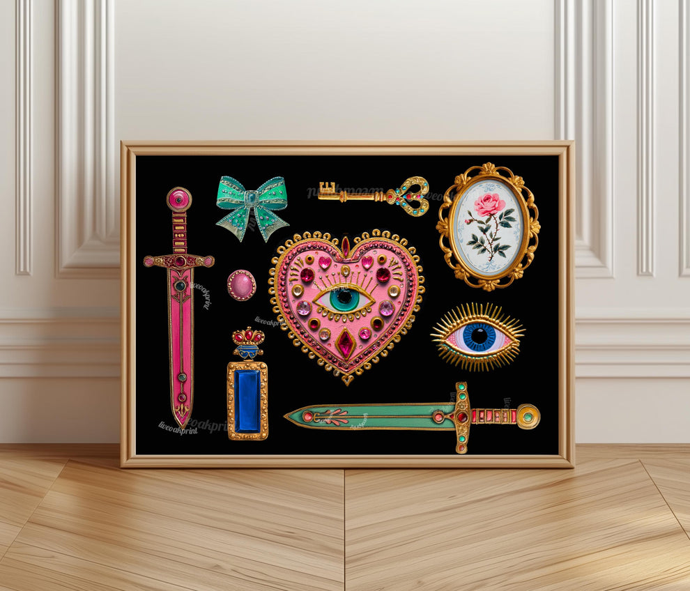 Horizontal Surrealist Art Print – Pink and Green Eye Heart Wall Art Jeweled Collage Decor Maximalist Coquette Print Retro Chic Artwork