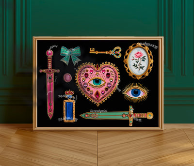 Horizontal Surrealist Art Print – Pink and Green Eye Heart Wall Art Jeweled Collage Decor Maximalist Coquette Print Retro Chic Artwork