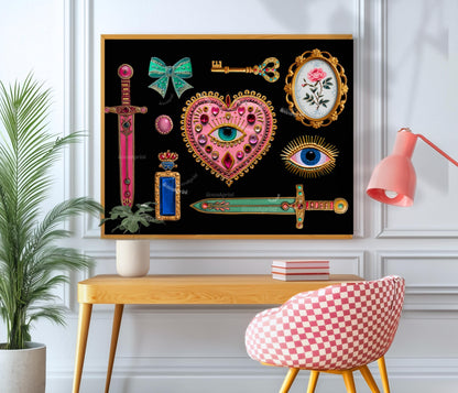 Horizontal Surrealist Art Print – Pink and Green Eye Heart Wall Art Jeweled Collage Decor Maximalist Coquette Print Retro Chic Artwork