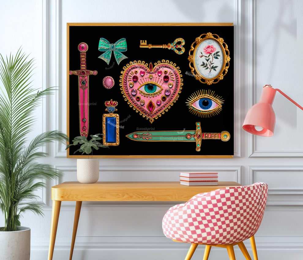 Horizontal Surrealist Art Print – Pink and Green Eye Heart Wall Art Jeweled Collage Decor Maximalist Coquette Print Retro Chic Artwork