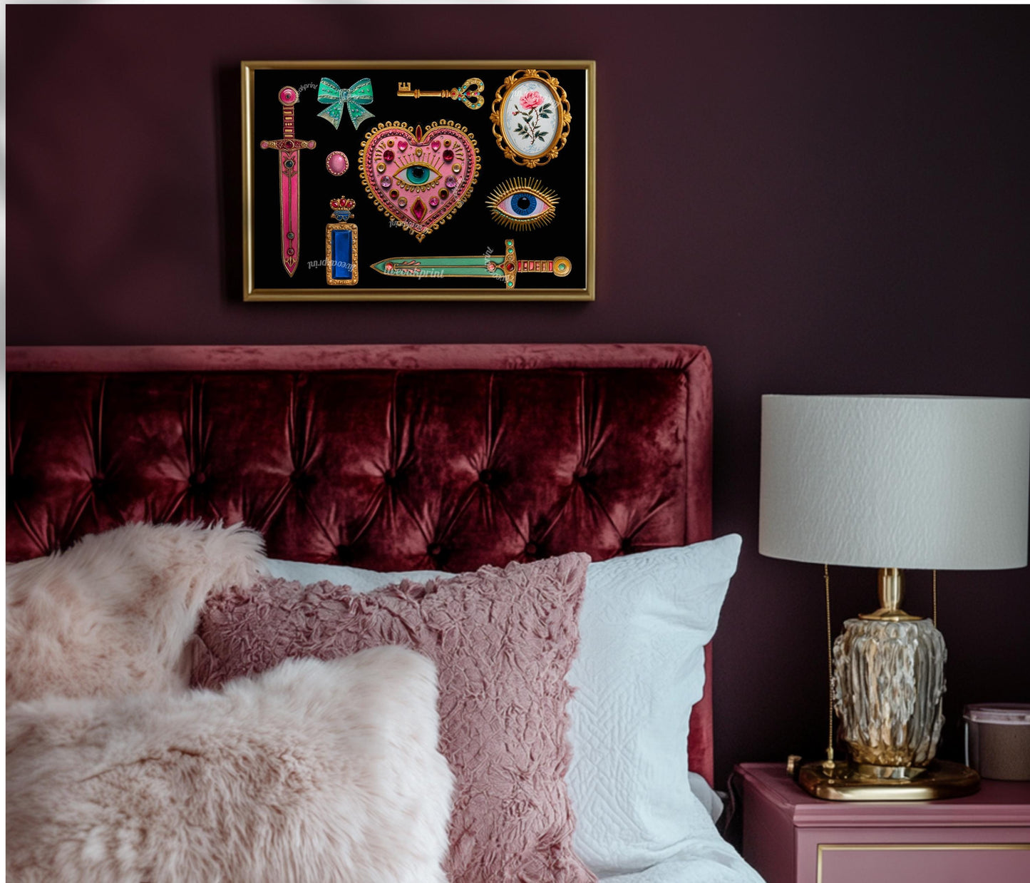 Horizontal Surrealist Art Print – Pink and Green Eye Heart Wall Art Jeweled Collage Decor Maximalist Coquette Print Retro Chic Artwork