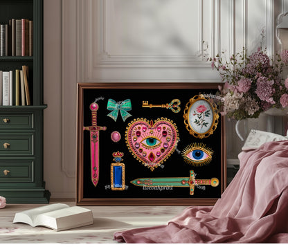 Horizontal Surrealist Art Print – Pink and Green Eye Heart Wall Art Jeweled Collage Decor Maximalist Coquette Print Retro Chic Artwork