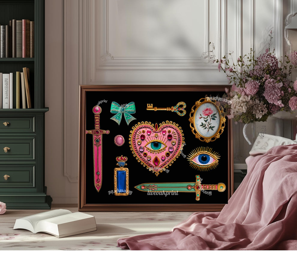 Horizontal Surrealist Art Print – Pink and Green Eye Heart Wall Art Jeweled Collage Decor Maximalist Coquette Print Retro Chic Artwork