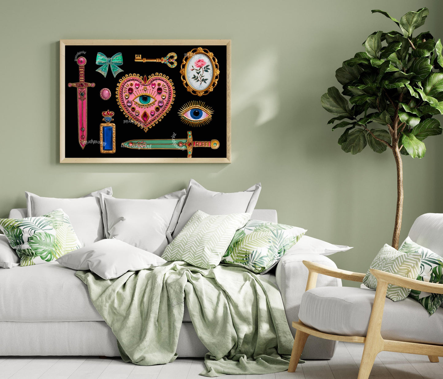 Horizontal Surrealist Art Print – Pink and Green Eye Heart Wall Art Jeweled Collage Decor Maximalist Coquette Print Retro Chic Artwork