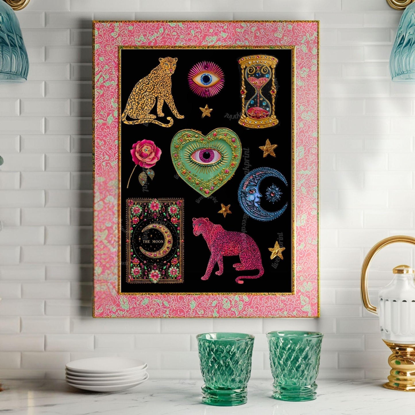 Boho Surreal Wall Art – Leopard Wall Art Print Eyes Maximalist Coquette Decor Trippy Eclectic Art Eye Wall Art Moon Wall Decor Celestial