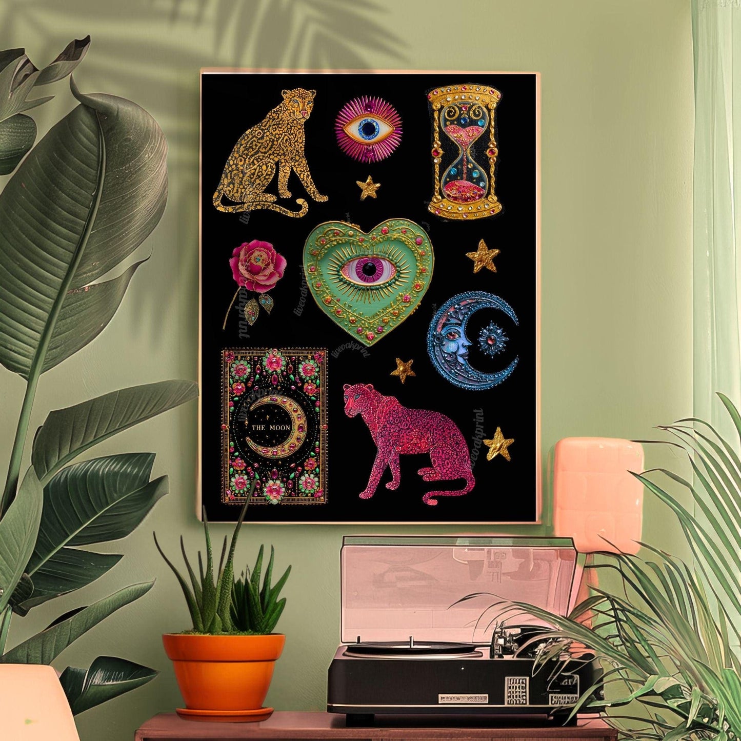 Boho Surreal Wall Art – Leopard Wall Art Print Eyes Maximalist Coquette Decor Trippy Eclectic Art Eye Wall Art Moon Wall Decor Celestial