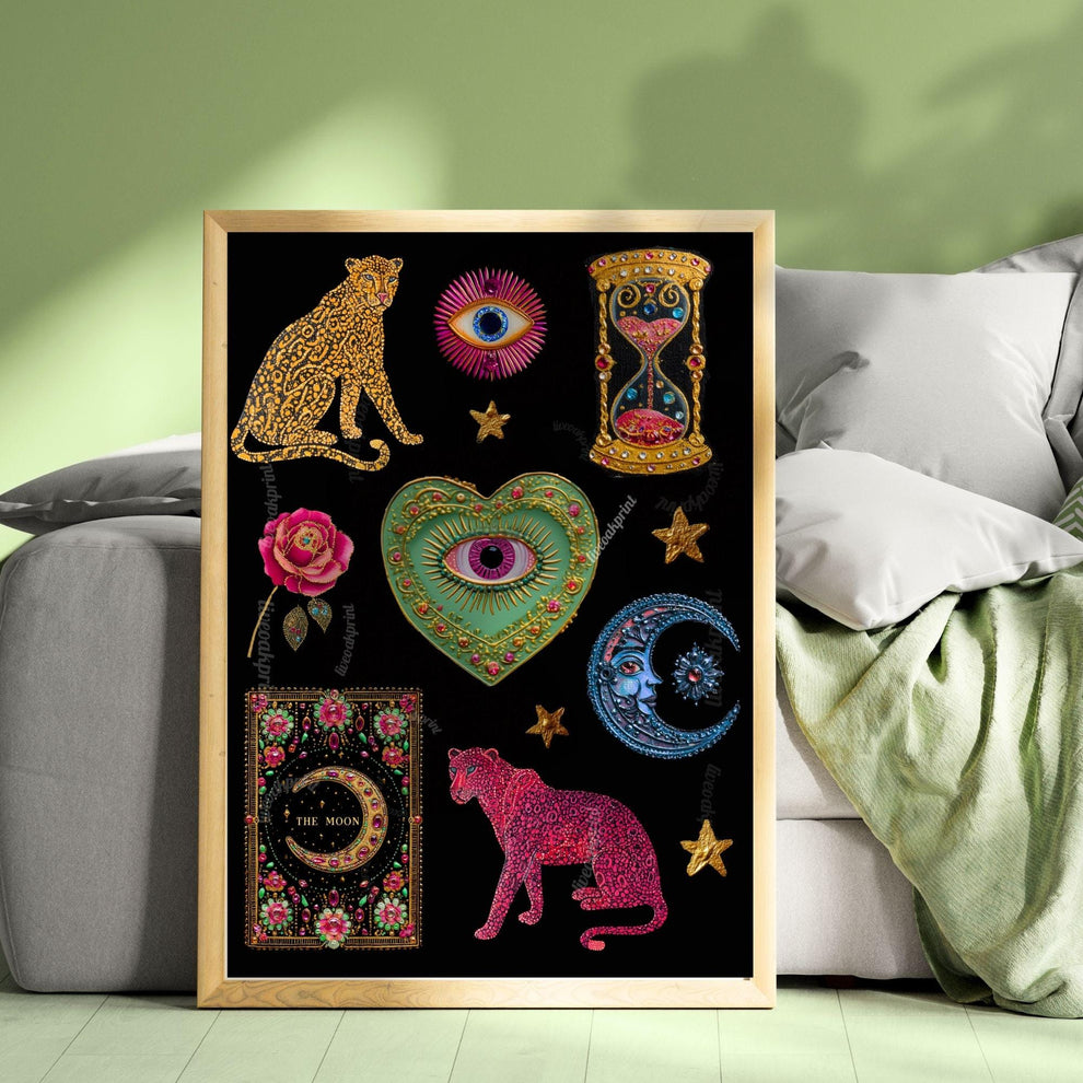 Boho Surreal Wall Art – Leopard Wall Art Print Eyes Maximalist Coquette Decor Trippy Eclectic Art Eye Wall Art Moon Wall Decor Celestial